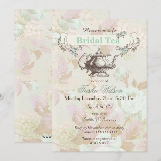 Munt floral Bridal Tea Party nodigt uit Kaart (Voorkant / Achterkant)