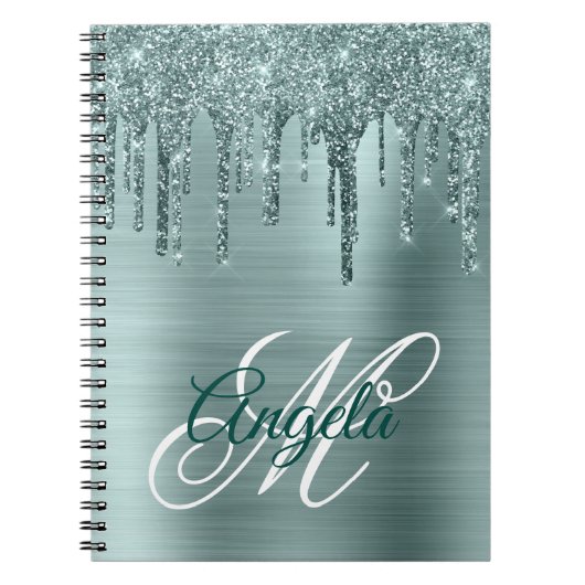 Munt Geborstelde Folie Glitter Drup Fancy Monogram Notitieboek (Voorkant)