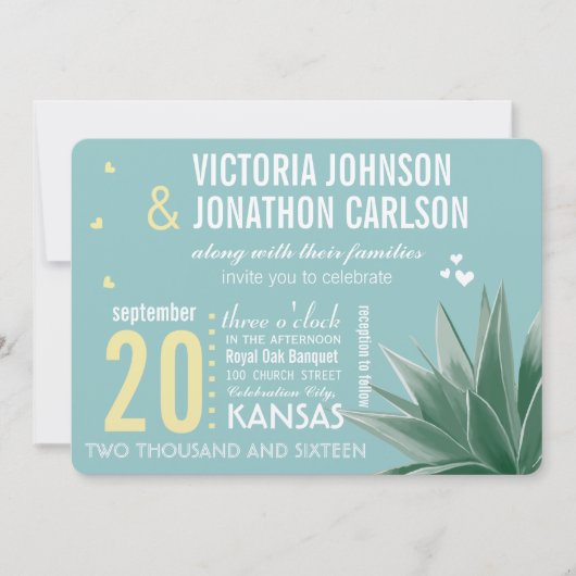 Munt & Geel Succulent Modern Typography Wedding Kaart (Voorkant)