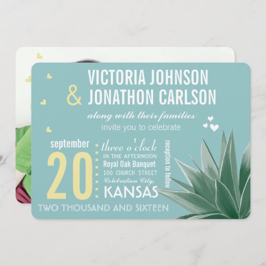 Munt & Geel Succulent Modern Typography Wedding Kaart (Voorkant / Achterkant)