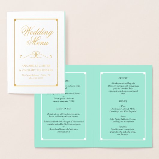 Munt & Gold Folie Elegant Wedding Menu (Display)