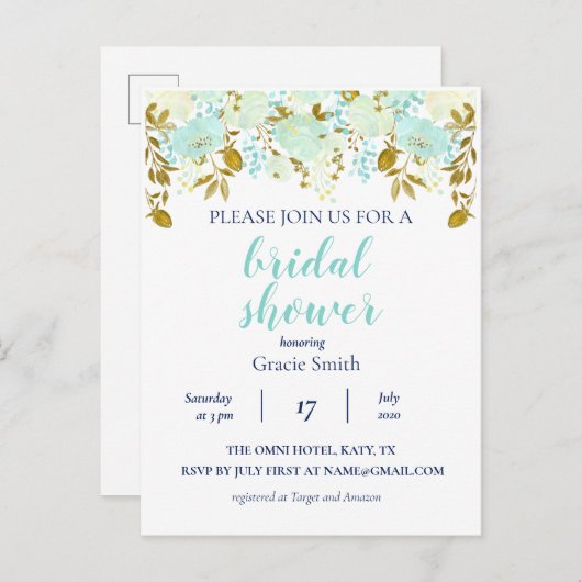 Munt & Goud Bloemen Vrijgezellenfeest Uitnodiging Briefkaart (Voorkant / Achterkant)