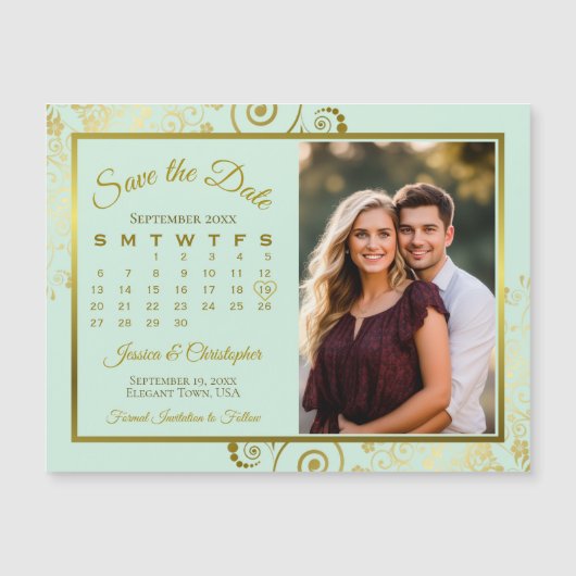 Munt & Goud Kalender & Foto Sla de datummagneet op Magnetische Uitnodiging (Voorkant)