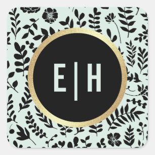 Munt Goud Zwarte Floral Monogram Weddenschap Vierkante Sticker