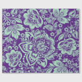 Munt Green Baroque Floral Damascus op Paars Cadeaupapier (Vlak)