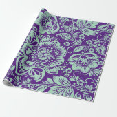 Munt Green Baroque Floral Damascus op Paars Cadeaupapier (Uitgerold)