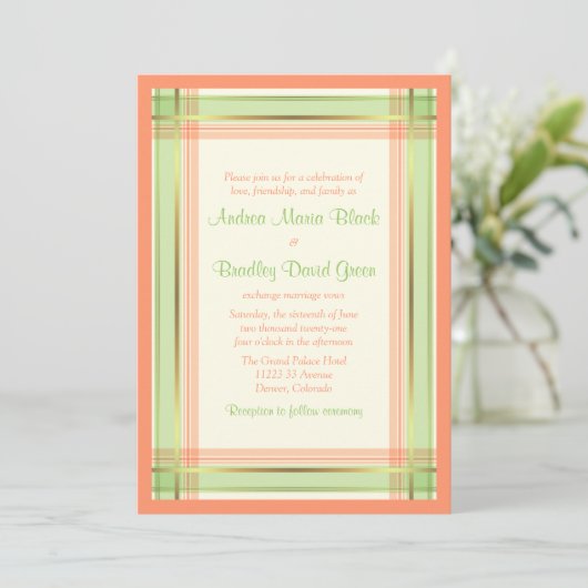 Munt Green Coral Pink Pset Wedding Uitnodiging (Staand voorkant)
