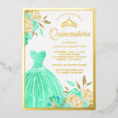 Munt Green Floral Quinceanera Gold Folie Uitnodiging (Voorkant)