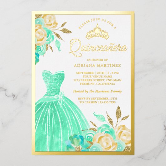 Munt Green Floral Quinceanera Gold Folie Uitnodiging (Voorkant)