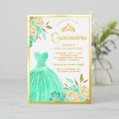 Munt Green Floral Quinceanera Gold Folie Uitnodiging (Staand Voorkant)