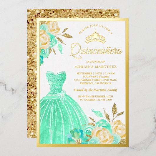 Munt Green Floral Quinceanera Gold Folie Uitnodiging (Voorkant / Achterkant)