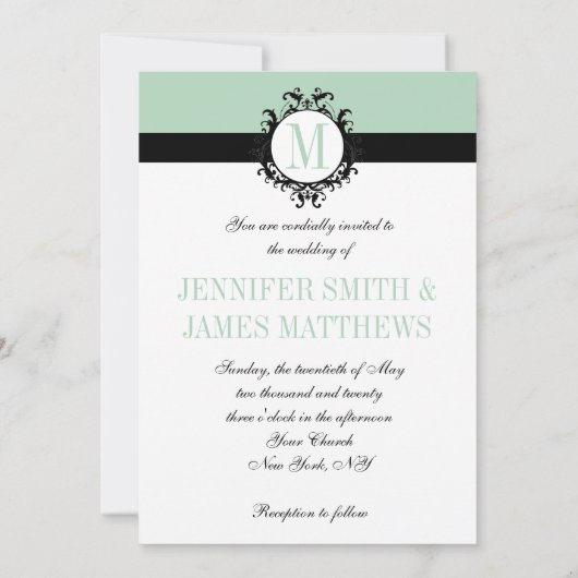 Munt Green Monogram Wedding Uitnodiging 2 (Achterkant)