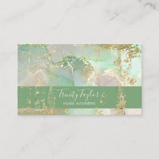 Munt Green Waterverf Marble Ink & Gold Foil Visitekaartje (Voorkant)