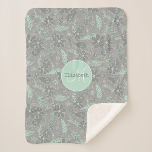 Munt grijs boho veren doodle bloemen paislies sherpa deken (Voorkant)