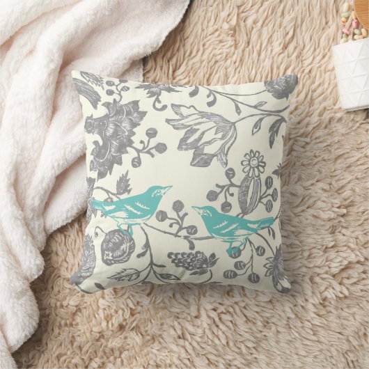 Munt & Grijs Ivory  Floral Bird Pattern Kussen (Deken)