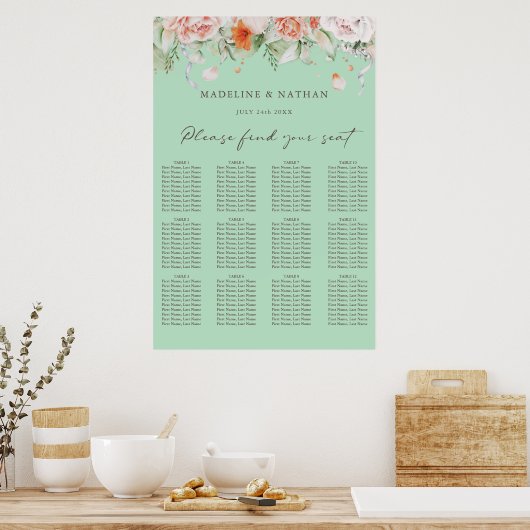 Munt Groen en Floral Wedding Seating Chart Poster (Keuken)