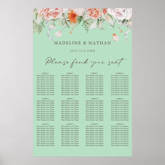 Munt Groen en Floral Wedding Seating Chart Poster (Voorkant)
