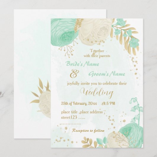 Munt groen en wit bloemen gouden bloem bruiloft kaart (Voorkant / Achterkant)