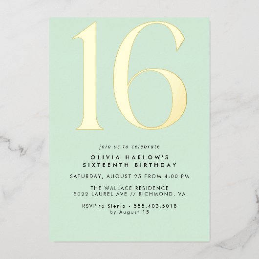Munt groen & goud | Modern Schattige pastelzoet 16 Folie Uitnodiging (Voorkant)