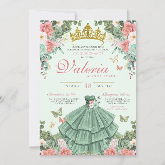 Munt Groen Roze Elegante Prinses Quinceañera Kaart (Voorkant)