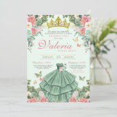 Munt Groen Roze Elegante Prinses Quinceañera Kaart (Staand voorkant)