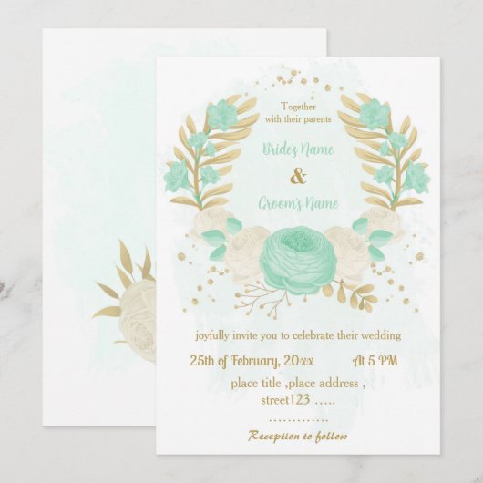 munt groene en witte bloemen gouden florale bruilo kaart (Voorkant / Achterkant)
