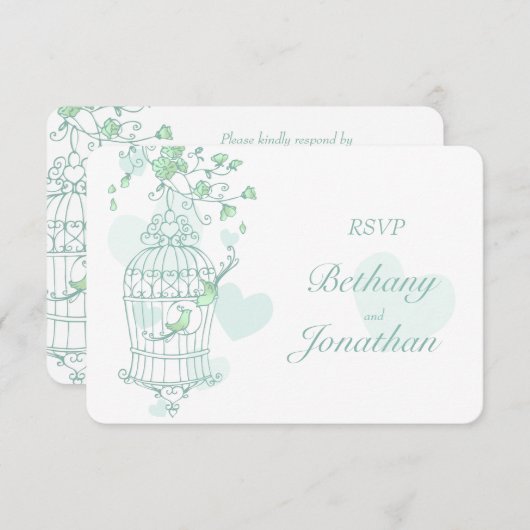Munt groene vogels open kooibruiloft RSVP (Voorkant / Achterkant)