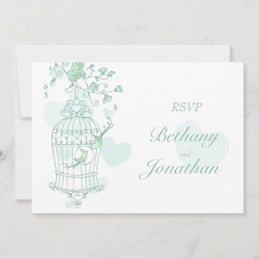 Munt groene vogels open kooibruiloft RSVP Kaart (Voorkant)