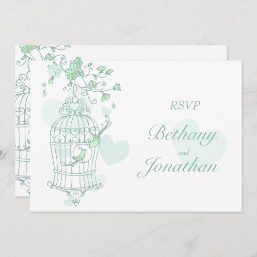 Munt groene vogels open kooibruiloft RSVP Kaart (Voorkant / Achterkant)