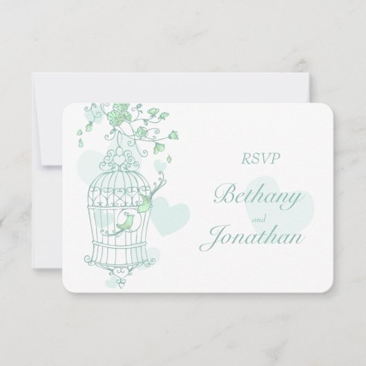 Munt groene vogels open kooibruiloft RSVP Kaartje (Voorkant)