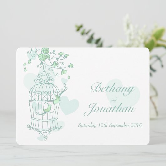 Munt groene vogels open kooibruiloft uitnodiging (Staand voorkant)