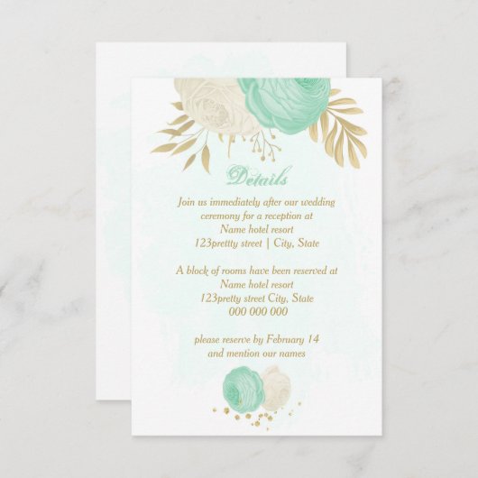 munt groene witte bloemen gouden bloem bruiloft informatiekaartje (Voorkant / Achterkant)