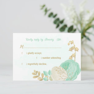 munt groene witte bloemen gouden bloem bruiloft RSVP kaartje