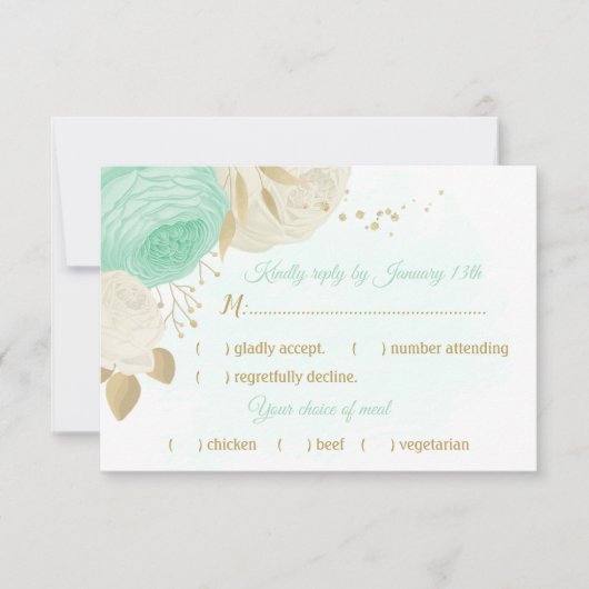 munt groene witte bloemen goudmeel keuze RSVP kaartje (Voorkant)