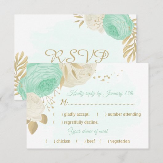 munt groene witte bloemen goudmeel keuze RSVP kaartje (Voorkant / Achterkant)