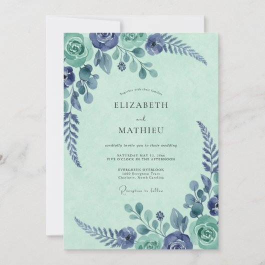 Munt Indigo Botanische Aquarel Bruiloft Kaart (Voorkant)