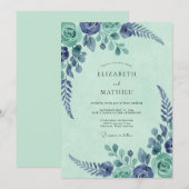 Munt Indigo Botanische Aquarel Bruiloft Kaart (Voorkant / Achterkant)