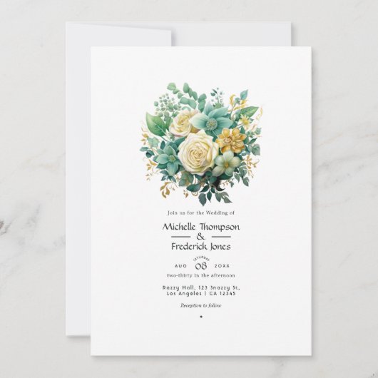 Munt, jager groen en goud bloemenzomer bruiloft kaart (Voorkant)