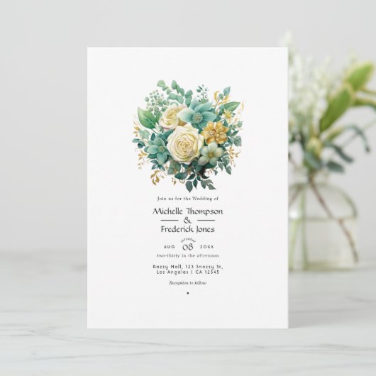 Munt, jager groen en goud bloemenzomer bruiloft kaart (Staand voorkant)