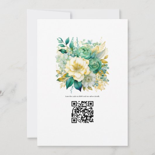 Munt, jager groen en goud bloemenzomer bruiloft kaart (Achterkant)