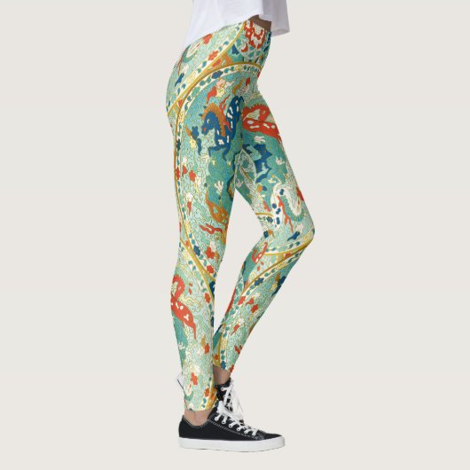 Munt Koraal en Blauwe Paard en Bloemmotief Leggings (Rechts)