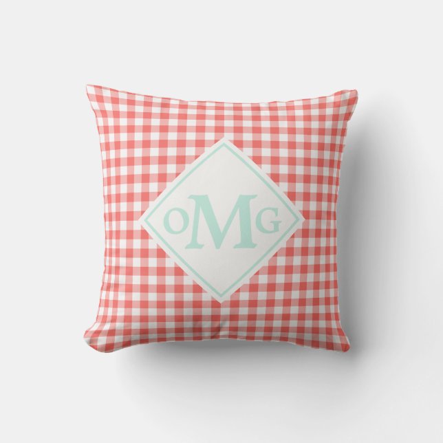 Munt Koraal Gingham Patroon Buitenkussen Monogram (Voorkant)