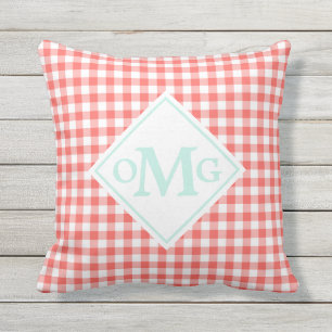 Munt Koraal Gingham Patroon Buitenkussen Monogram