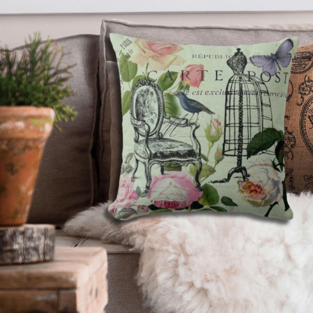 munt moderne  vlinderparijs van het franse roos kussen (mint modern vintage french rose butterfly paris throw pillow)