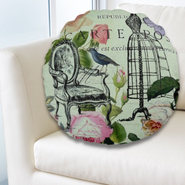 munt moderne  vlinderparijs van het franse roos rond kussen (mint modern vintage french rose butterfly paris round pillow)
