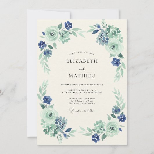 Munt Navy Elegante Botanische Bruiloft Kaart (Voorkant)