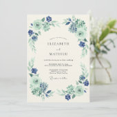 Munt Navy Elegante Botanische Bruiloft Kaart (Staand voorkant)