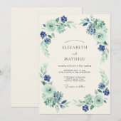 Munt Navy Elegante Botanische Bruiloft Kaart (Voorkant / Achterkant)