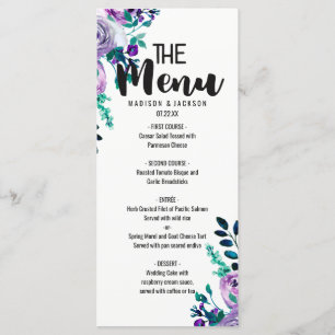 Munt & Paarse Bloemen Waterverf Bruiloft Menu