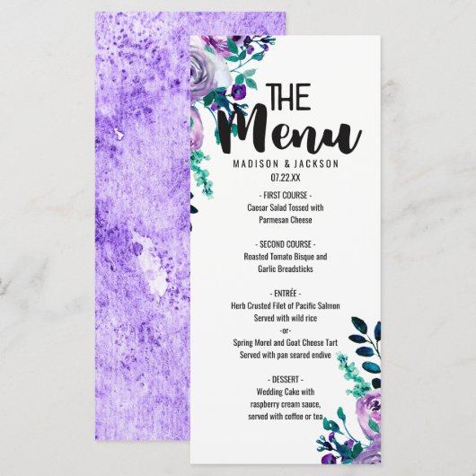 Munt & Paarse Bloemen Waterverf Bruiloft Menu (Voorkant / Achterkant)